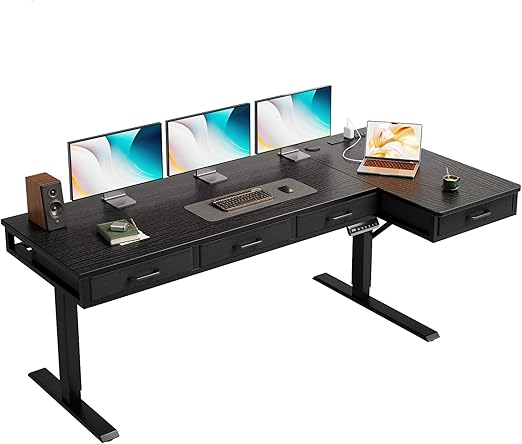 L-Shaped Electric Standing Desk with Drawers & Power Outlets