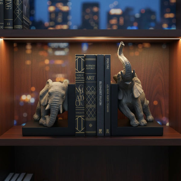 Elephant Bookends – Gray & Black Resin Duo