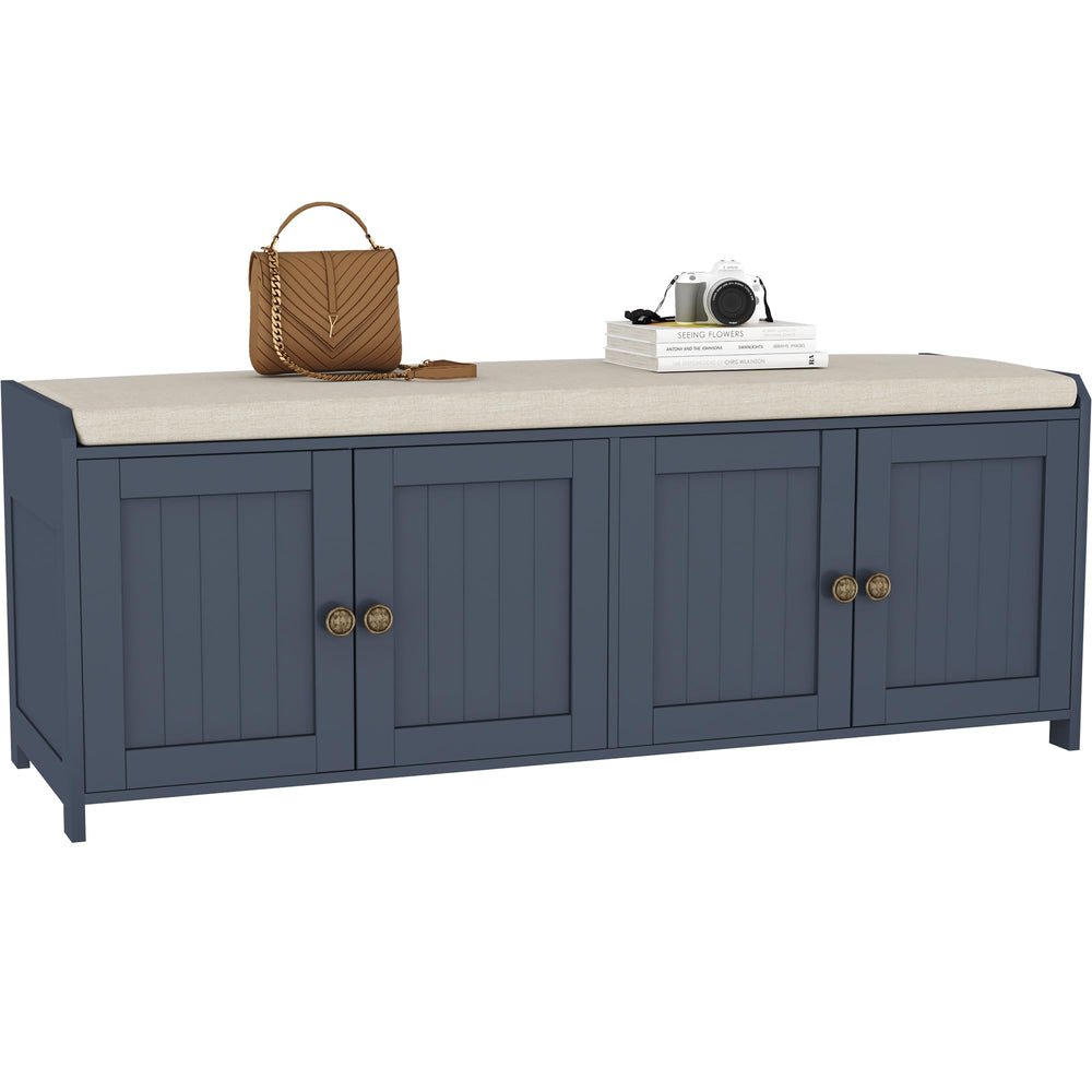 48.4" Shoe Storage Bench with Cushion & 4 Doors — Blue