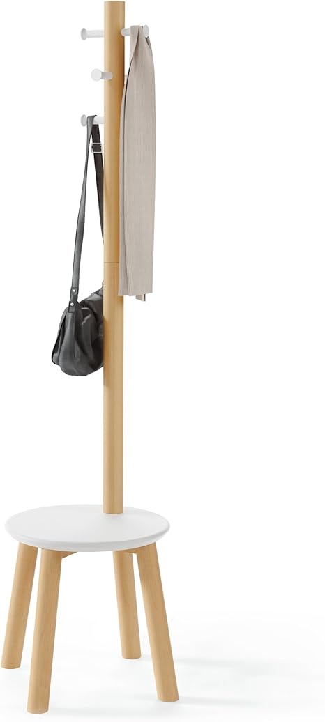 Pillar Coat Rack and Stool with 6 Hooks