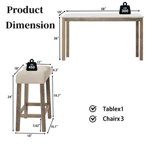 59" Bar Table Set with Power Outlet & 3 Padded Stools