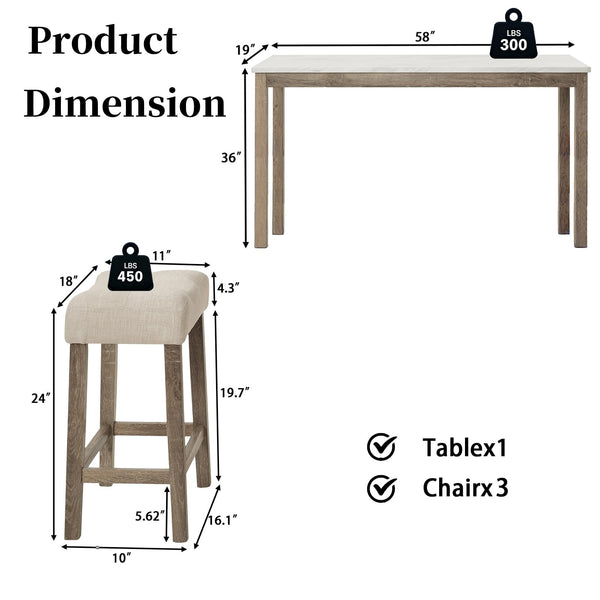 59" Bar Table Set with Power Outlet & 3 Padded Stools