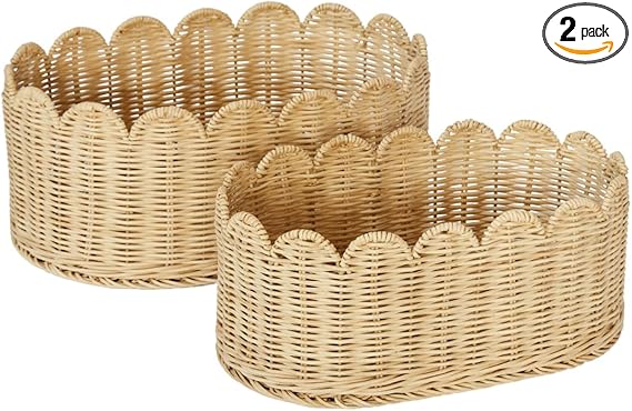 BEBE BASK Premium Scalloped Basket Set Of 2 - Scallop Basket - 16 x 10 x 7 Inch - Hand-Woven Elegant Wicker With Scalloped Edge - Nursery Storage (Mocca)