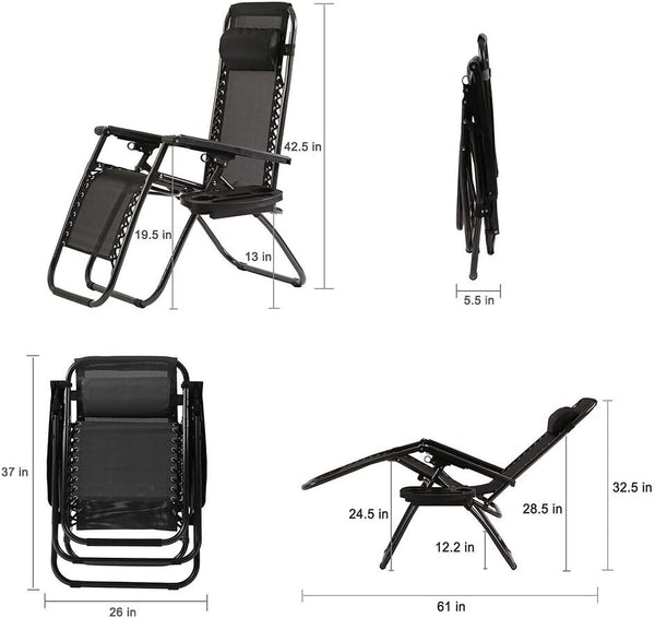 Zero Gravity Outdoor Lounge Chairs Set of 2 with Cup Holder & Pillow