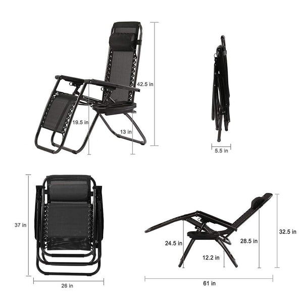 Zero Gravity Outdoor Lounge Chairs Set of 2 with Cup Holder & Pillow