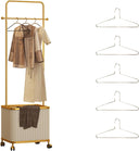 Gold Metal Garment Rack with Storage Basket & Rolling Wheels