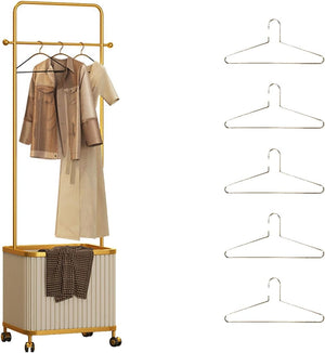 Gold Metal Garment Rack with Storage Basket & Rolling Wheels
