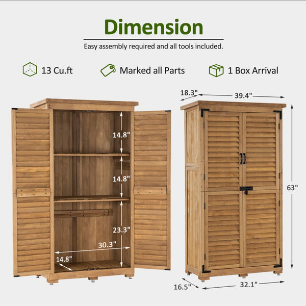 Outdoor Wood Storage Cabinet with Lockable Doors – 63 Inch Vertical Garden Shed