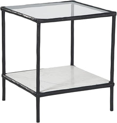 Glass Top Accent Table with Marble Shelf & Metal Frame