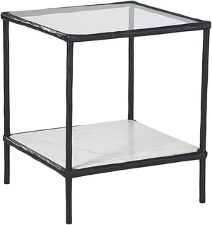 Glass Top Accent Table with Marble Shelf & Metal Frame