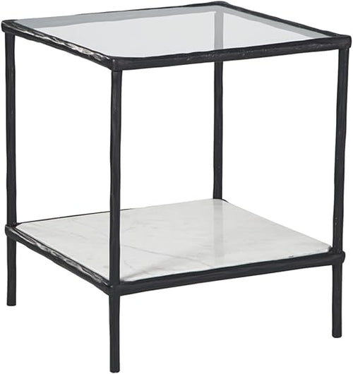 Glass Top Metal Accent Side Table with Marble Shelf