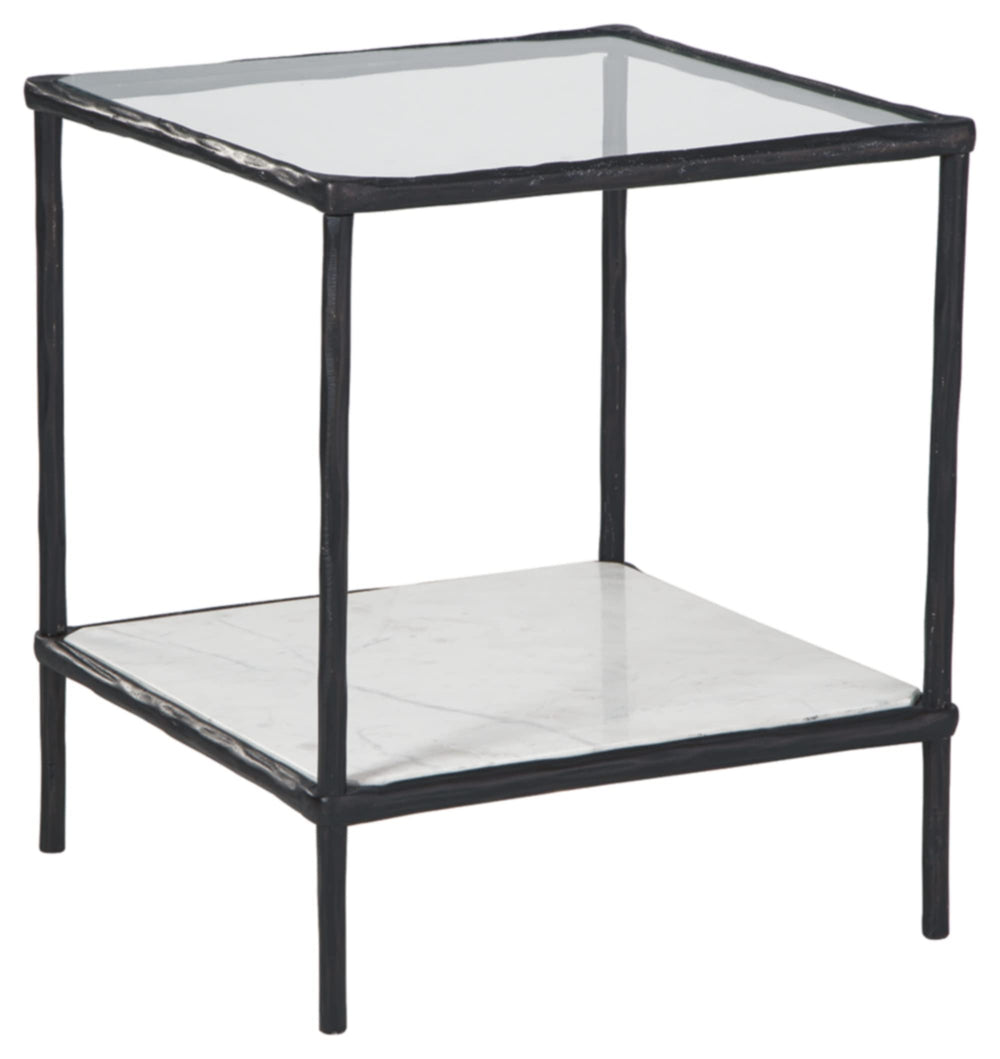 Glass Top Metal Accent Side Table with Marble Shelf