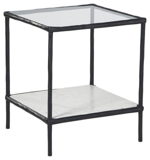 Glass Top Metal Accent Side Table with Marble Shelf