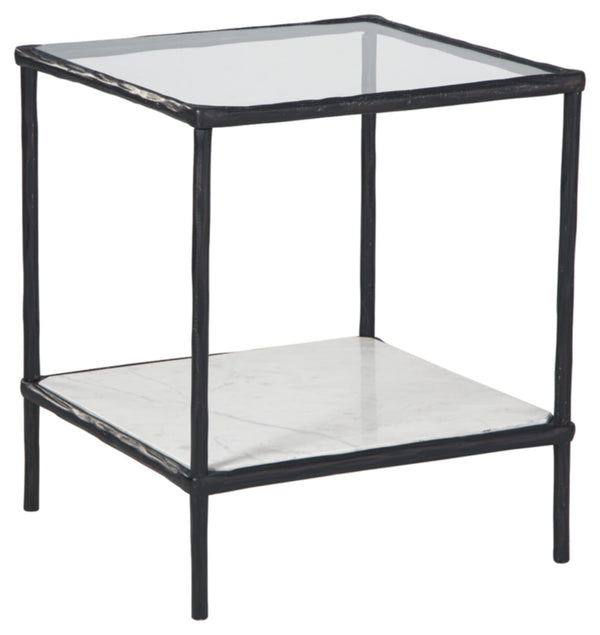 Glass Top Metal Accent Side Table with Marble Shelf