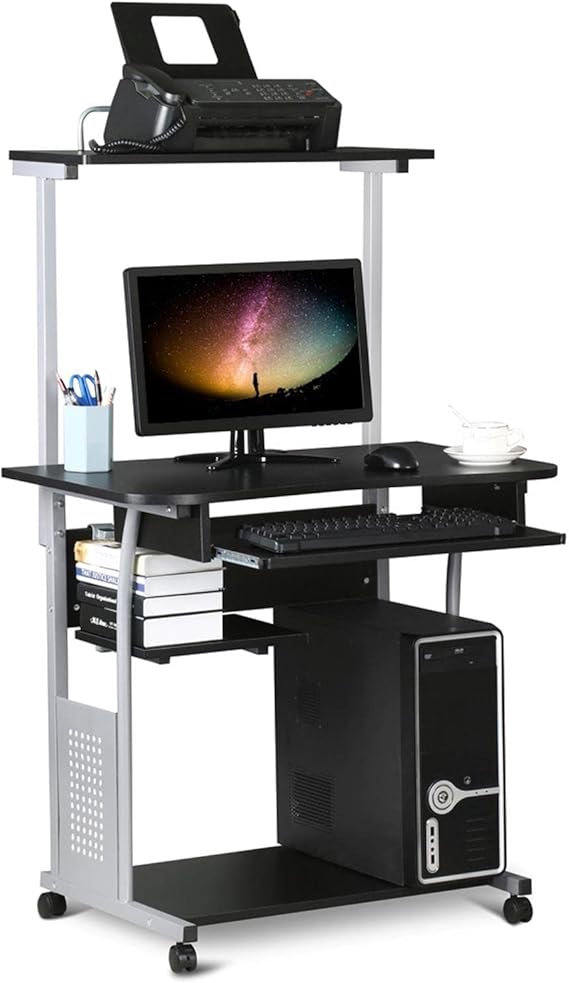 3-Tier Rolling Computer Desk with Keyboard Tray & Printer Shelf
