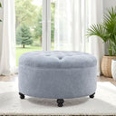 Round Storage Ottoman with Button Tufted Lid – 30 Inch Upholstered Footrest