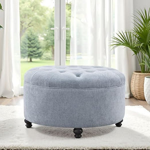 Round Storage Ottoman with Button Tufted Lid – 30 Inch Upholstered Footrest