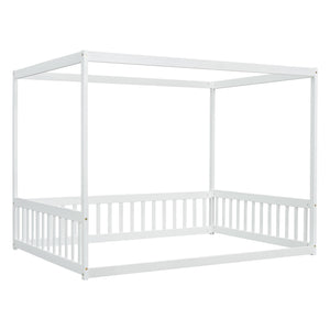 Full Size Kids Canopy Floor Bed Frame with Guardrails