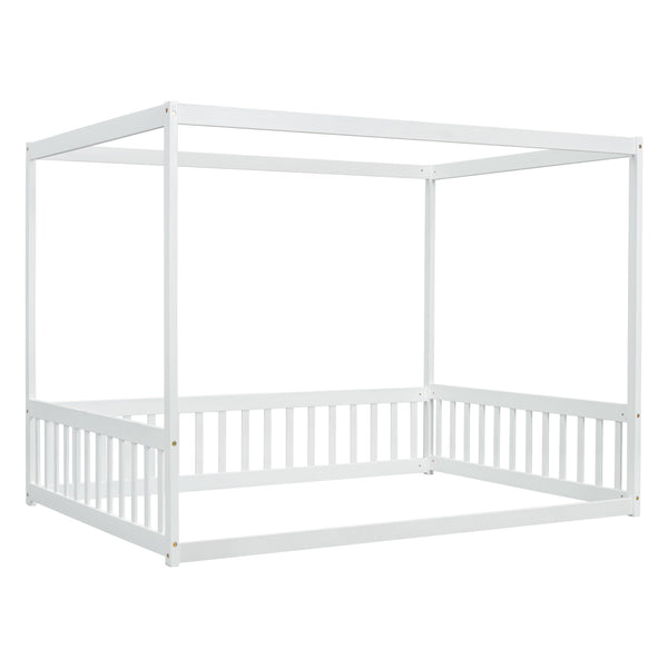 Full Size Kids Canopy Floor Bed Frame with Guardrails