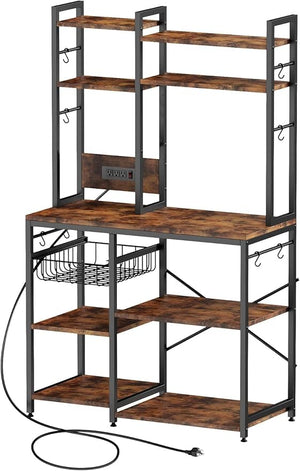 Kitchen Bakers Rack with Power Outlet and Storage Cabinet