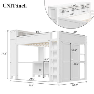 Queen Loft Bed with Desk, Wardrobe & Charging Station – White Wood