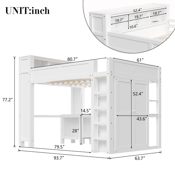Queen Loft Bed with Desk, Wardrobe & Charging Station – White Wood