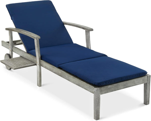 Acacia Wood Outdoor Chaise Lounge Chair with Adjustable Backrest and Side Table
