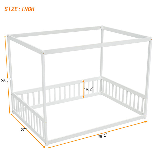 Full Size Kids Canopy Floor Bed Frame with Guardrails