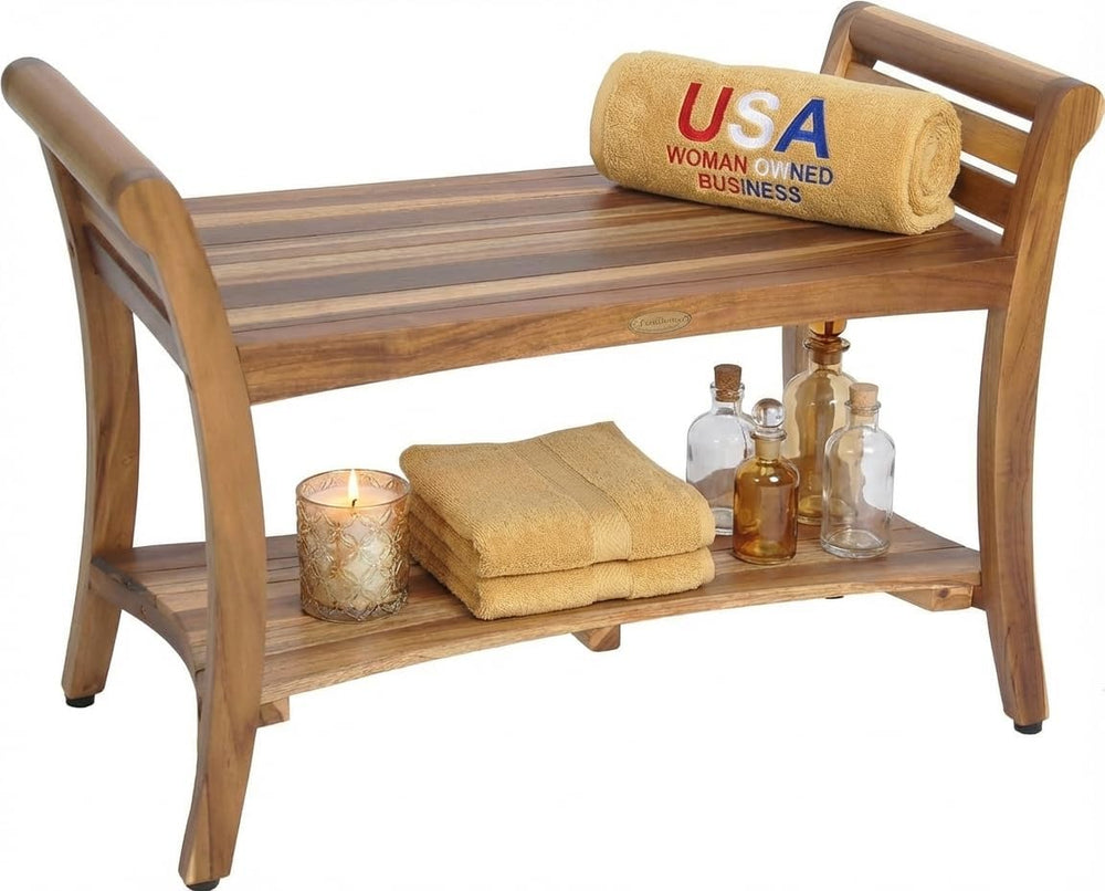 Teak Wood Shower Bench with LiftAide Arms & Storage Shelf