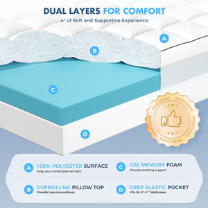 4 Inch Dual-Layer Mattress Topper with Cooling Gel Memory Foam & Pillow Top