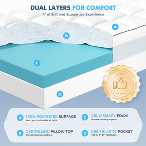 4 Inch Dual-Layer Mattress Topper with Cooling Gel Memory Foam & Pillow Top