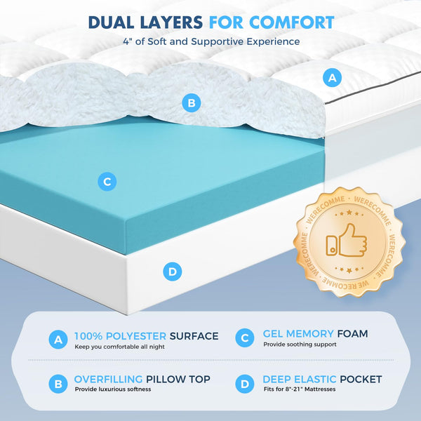 Dual Layer 4 Inch Cooling Gel Memory Foam Mattress Topper