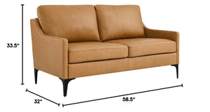 Mid-Century Modern Top-Grain Leather Loveseat – Tan