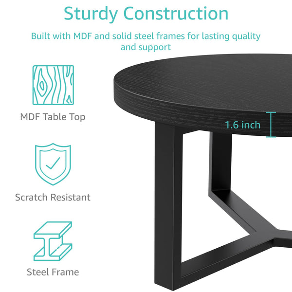 Round Coffee Table Set with 3 Nesting Stools — 30 Inch Modern Black