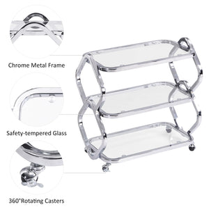 Chrome Bar Cart with Wheels & Glass Shelves