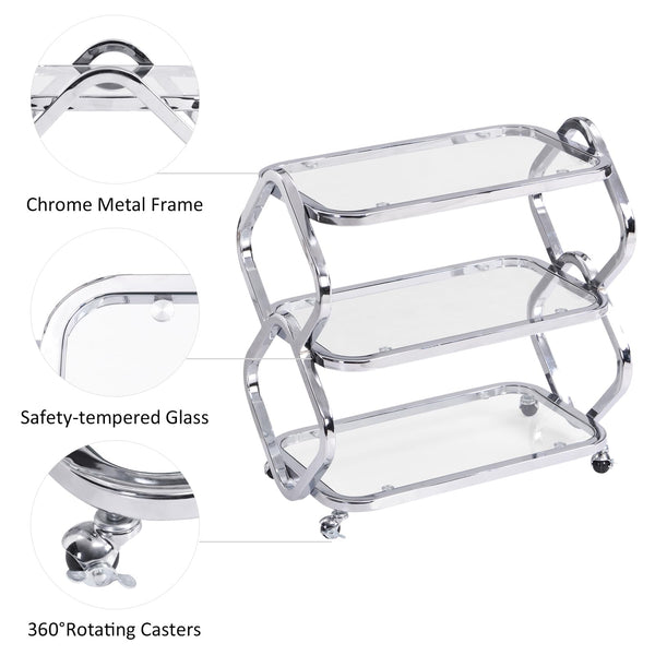 Chrome Bar Cart with Wheels & Glass Shelves