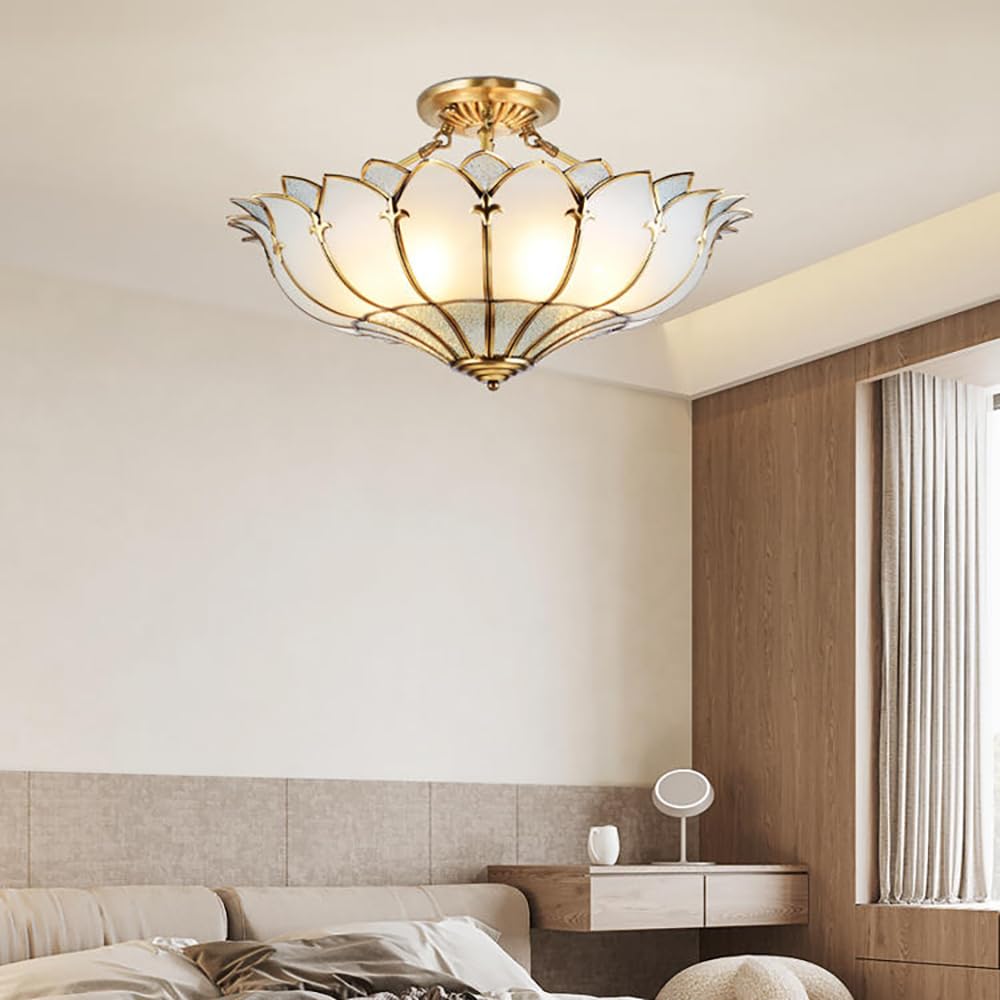 Brass Stained Glass Semi-Flush Mount Ceiling Light