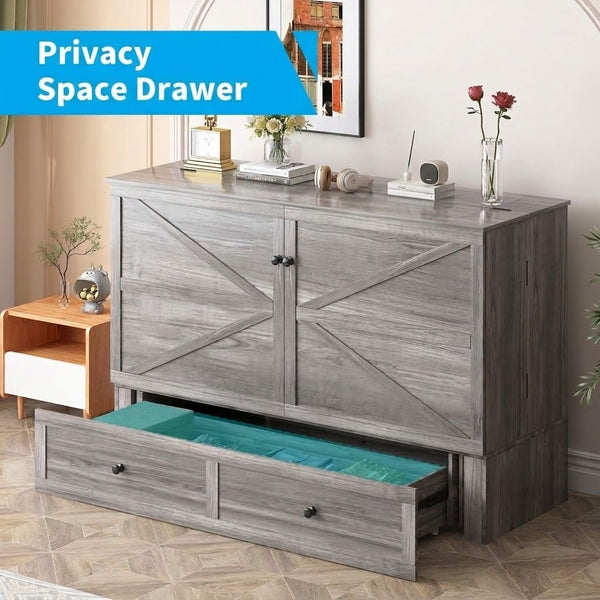Queen Murphy Bed Cabinet with USB Charging & Storage