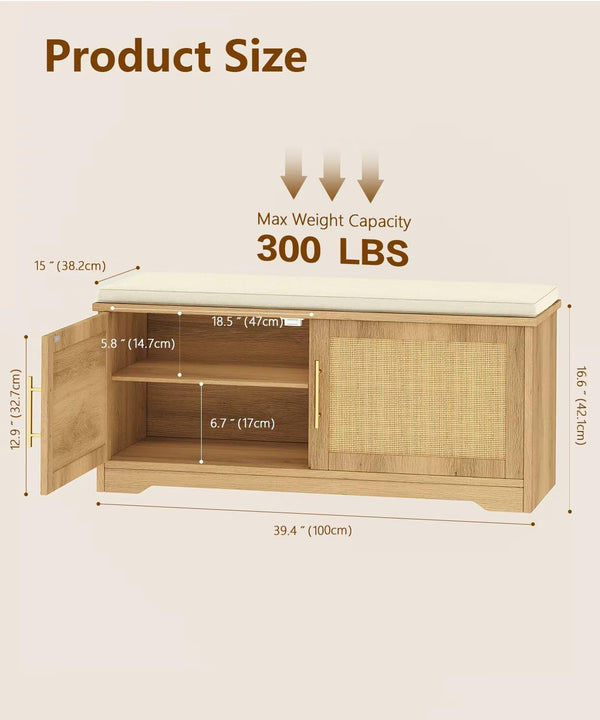 Rattan Shoe Storage Bench with Cushion & Adjustable Shelf