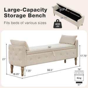 67" King Size Storage Bench with Hidden Storage & Wood Legs