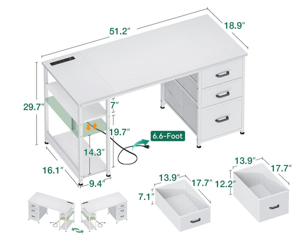 51-Inch Computer Desk with Drawers & Power Outlets