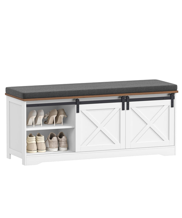 Farmhouse Shoe Bench with Cushion & Sliding Barn Doors