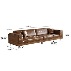 Mid-Century Modern Leather Sofa 3-Seat with Wooden Accents, Brown