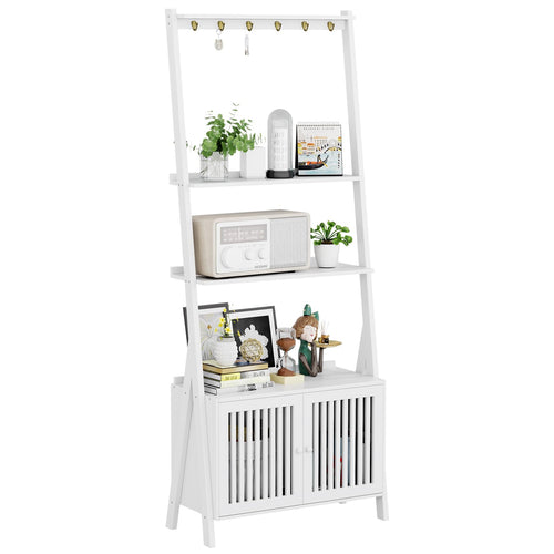 4-Tier Bamboo Ladder Bookshelf with Drawers & Hooks
