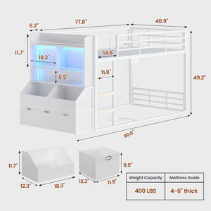Twin Over Twin Low Bunk Bed with Storage Drawers, Bookshelf and RGB Lights