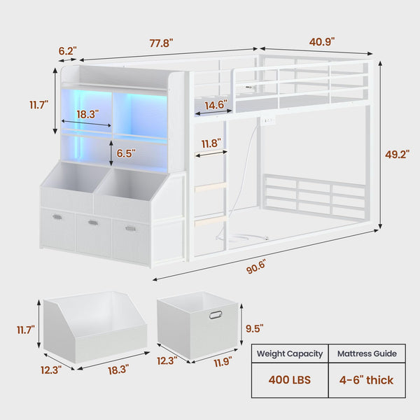 Twin Over Twin Low Bunk Bed with Storage Drawers, Bookshelf and RGB Lights