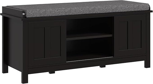 Entryway Shoe Storage Bench with Sliding Doors & Padded Seat