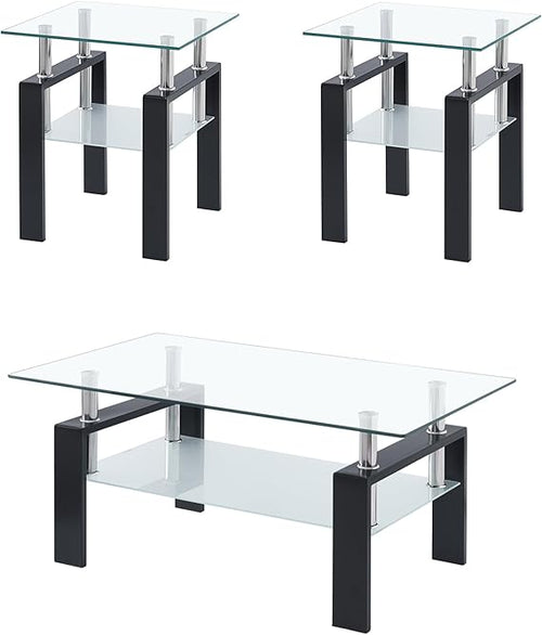 Glass Coffee Table Set of 3 with End Tables – Modern Living Room Furniture