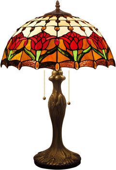 Tiffany Table Lamp Red Stained Glass Tulip 16-Inch
