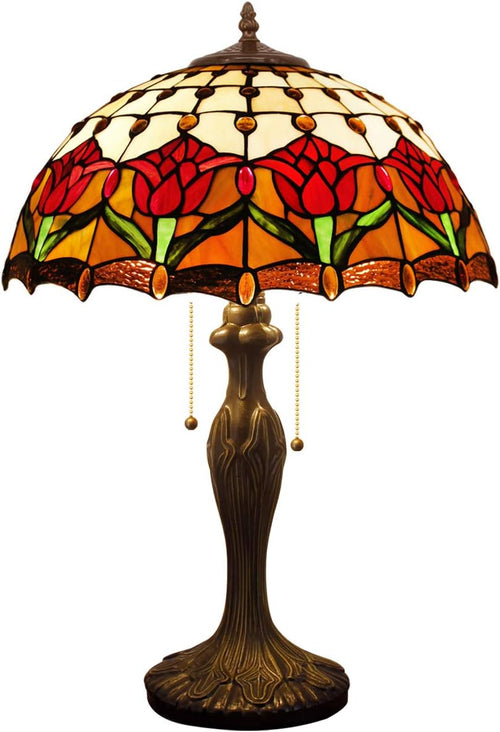 Tiffany Table Lamp Red Stained Glass Tulip 16-Inch